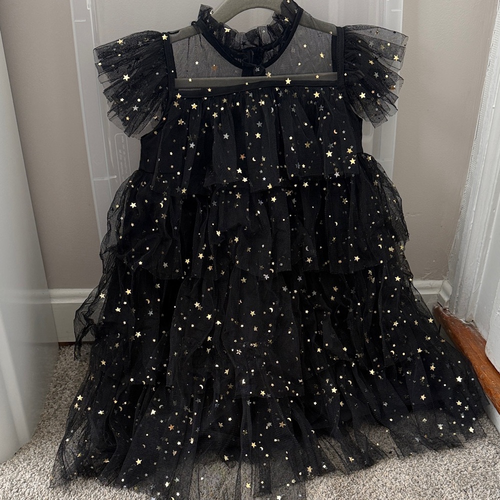 Black Tulle Star Tiered Dress with Gold Stars